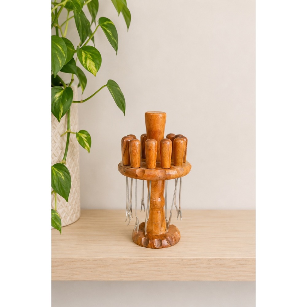 Vintage 60s Artesania Cocktail Picks Set Olive Skewers Wooden Holder Charcuterie
